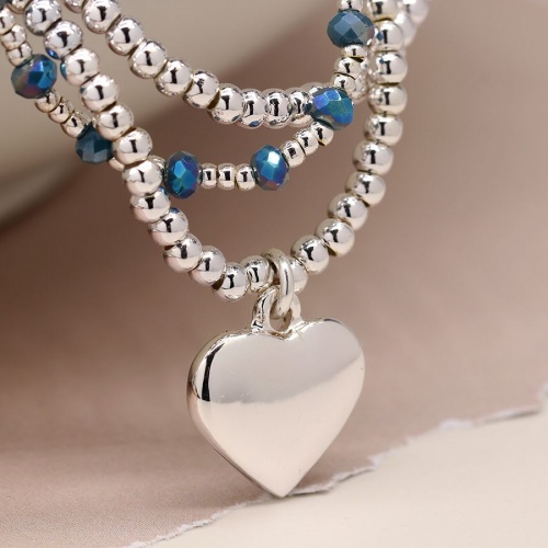 Silver Plated & Blue Bead Bracelet with Heart Charm by Peace of Mind